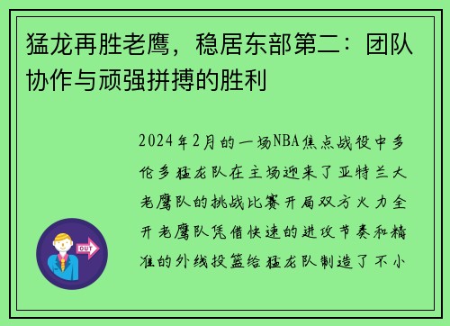 猛龙再胜老鹰，稳居东部第二：团队协作与顽强拼搏的胜利