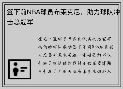 签下前NBA球员布莱克尼，助力球队冲击总冠军